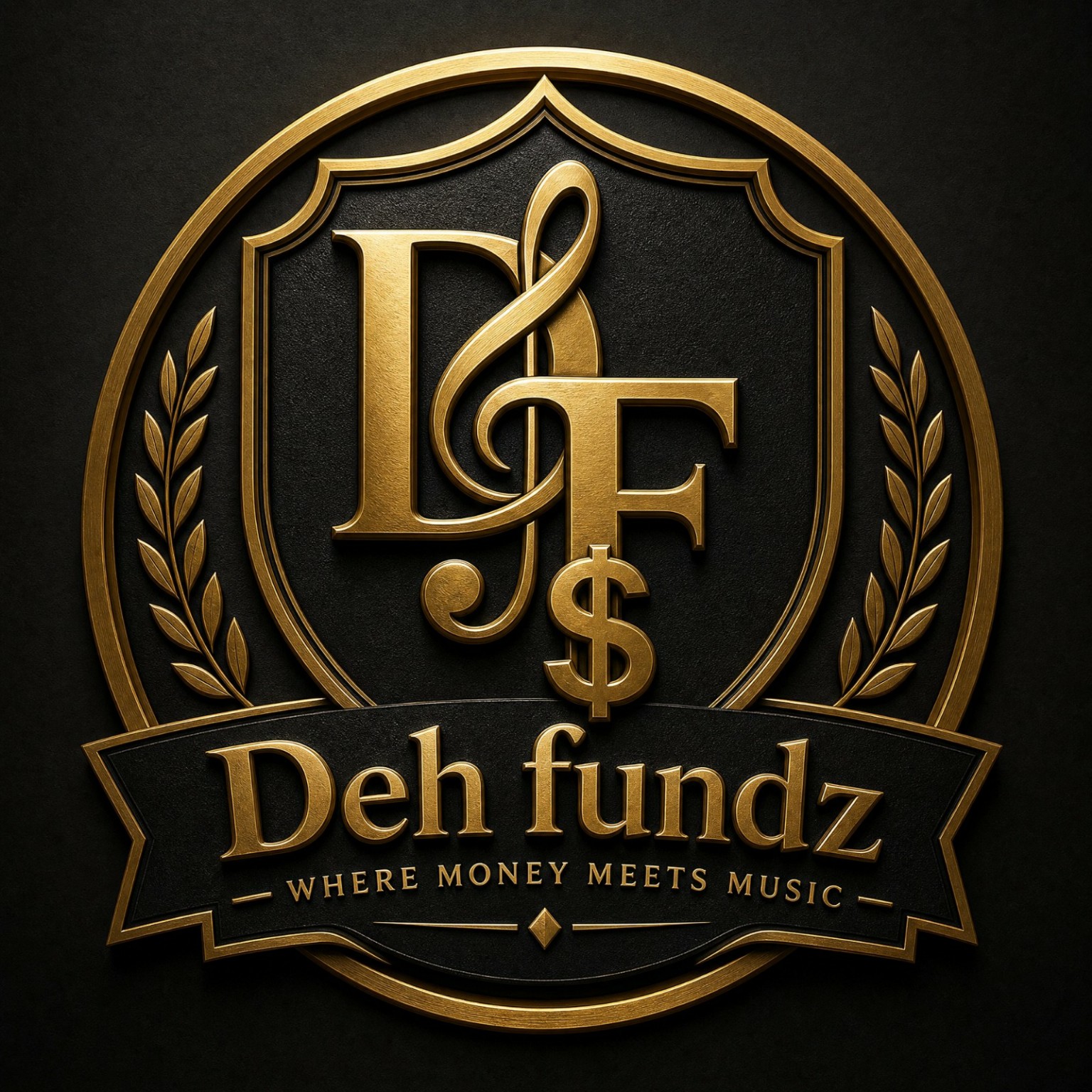 DEH FUNDZ black-and-gold crest — Where Money Meets Music
